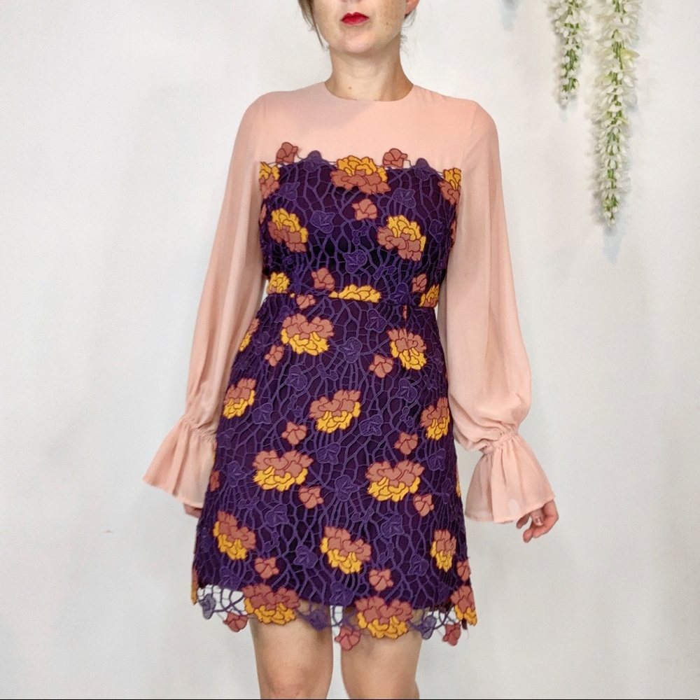 foxiedox Purple Lace Floral Mini Dress with Blush Sleeves